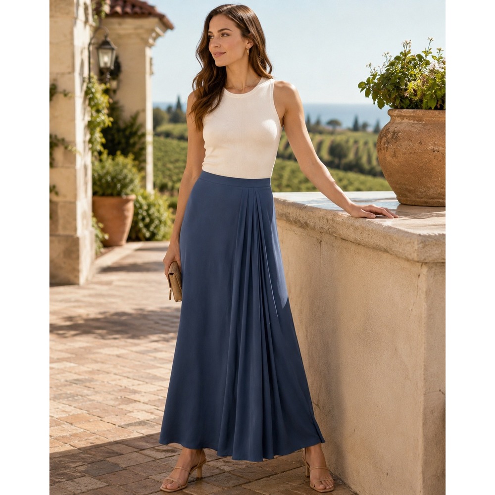 Weekend Max Mara Skirt Womens 10 Blue Silk Lined Pleated Midi Maxi Side Zip Soft